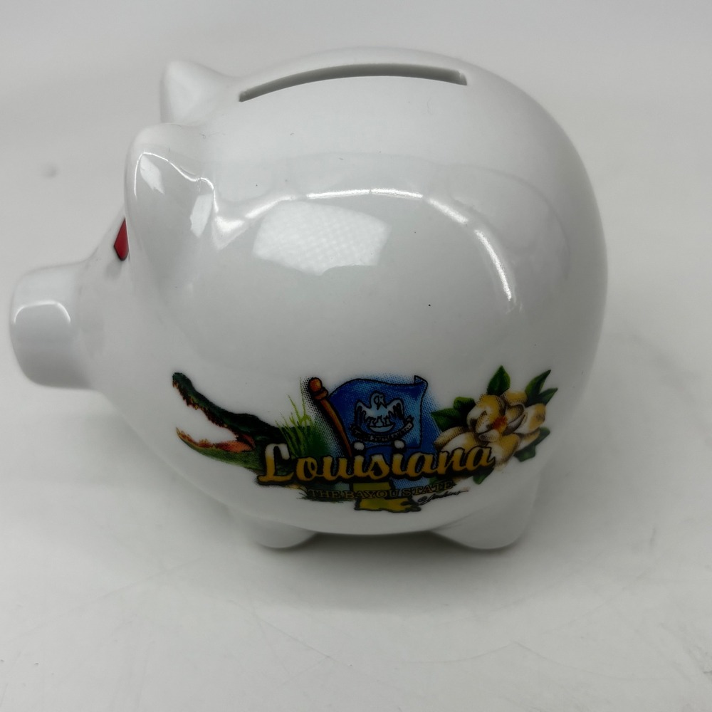 Louisiana The Bayou State White Ceramic Piggy Bank Alligator Heart Eyes Souvenir